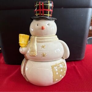 Hallmark Christmas Snowman Ceramic Cookie Jar 11" Tall 3 piece 2 Compartments